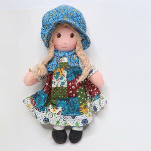 Vintage 70s Holly Hobbie Style Rag Doll 9” Made in Taiwan Blue Patchwork